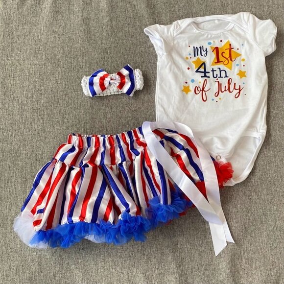 My 1st 4th of July Outfit 3PCS Tutu Skirt Set, Short Sleeve Romper w/Tulle Skirt - Picture 2 of 11